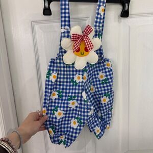 Vintage Baby Blue Gingham Daisy Overalls Sunflower Applique Romper 0-6 Months